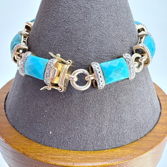 Sterling Silver 925 Turquoise & Illusion Stone Station Bracelet Sz 7.25" Length - Picture 4 of 11
